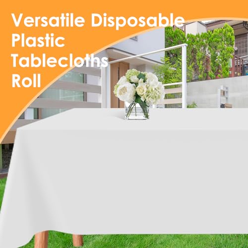 Image of tujol White Disposable Plastic Table Cloth Roll 54 inch X 100', Plastic Table Cover with Cutter Box, Cut to Size Disposable Tablecloth for Parties