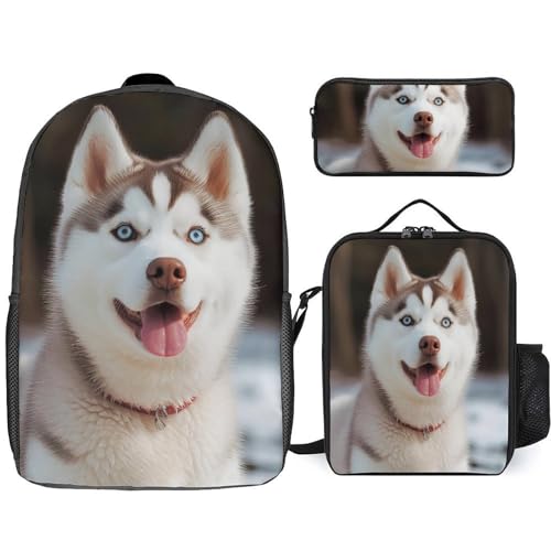 3 Piece Backpack for Women Men Lightweight Causal Daypack Shoulder Bag Set with Insulated Lunch Bag And Pencil Case Organizers Husky Piquant Dog