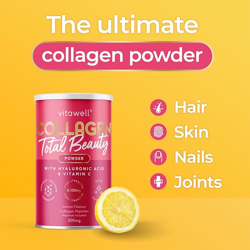 Vitawell Collagen Total Beauty Powder Supplement for Women | 8,000mg Hydrolysed Collagen Peptides Powder with Vitamin C + Magnesium + Hyaluronic Acid | Non-GMO 200g (Lemon Flavour) - Image 6