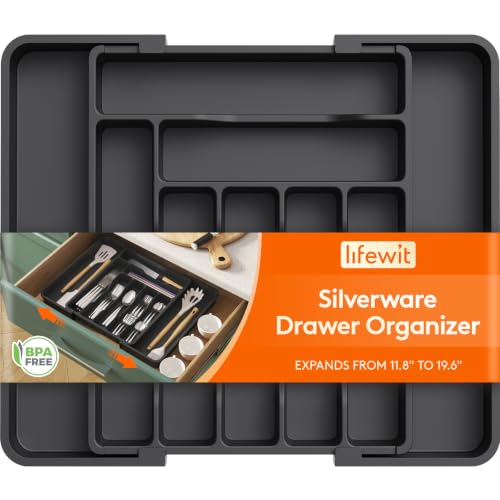 Image of Lifewit Expandable Silverware Drawer Organizer, Kitchen Utensil Tray | BPA-free Plastic Flatware Cutlery Holder, Space-Saving Storage for Spoons Forks Knives, 11.8-19.6 x 15 inch, Black