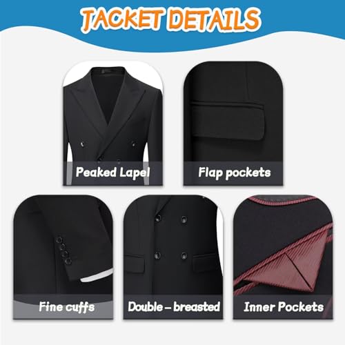 Tuxedo Suits for Men Wedding Prom Dinner Peak Lapel Double Breasted Blazer Blue Shirt Jacket Pants Set with Black Floral Tie2