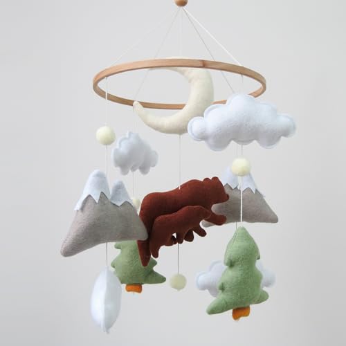 Image of Woodland Bear Baby Mobile for Crib - Neutral Felt Mountain Nursery Decor | Hand-Stitched Hanging Toys for Boy & Girl Baby Shower Gift, Fits Cribs & Bassinets