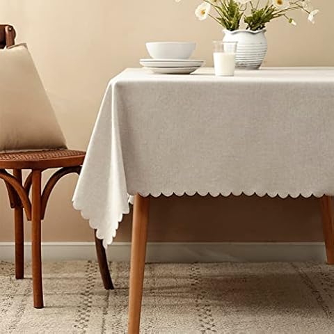 Fennco Styles Woven Solid Color Scalloped Tablecloth 56" W x 88" L - Beige Wrinkle-Free, Heat-Resistant Washable Table Cover for Everyday Use, Holidays, and Indoor Outdoor Events Cover