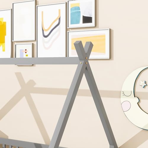 Twin Floor Bed for Kids Tent-Shaped Montessori Floor Bed with Slats and Guardrails Twin Size Wood Teepee Bed Frame with Fence and Door for Boys Girls, Grey