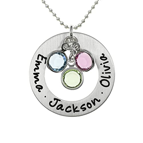 AJ`s Collection Sterling Silver Round Washer Personalized Pendant Necklace - Engraved with up to Three Names and Selected Birthstones
