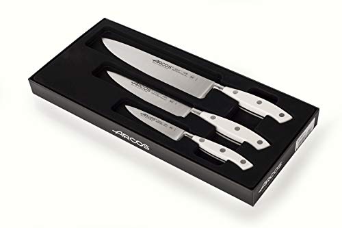 Arcos Riviera Blanc, Küchenmesser-Set, Regler + Santoku + Kochmesser, geschmiedeter Edelstahl, Nitrum, POM-Griff, Weiß