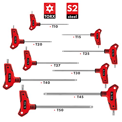Tommars 9Pc T Handle Torx Wrench Set, S2 Steel, T10 - T50 Tamper Proof Star Key Set #TOP2
