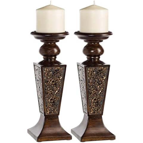 Creative Scents Schonwerk Brown Pillar Candle Holder Set of 2- Crackled Mosaic Design- Functional Table Decorations- Centerpieces for Dining/Living Room- Best Wedding Gift Cover