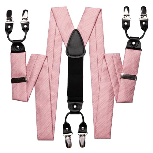 Image of Hi-Tie Men's Suspenders and Tie Set Silk Adjustable Elastic Y Braces with Strong 6 Clips Pocket Square Set