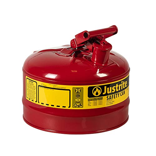 Justrite 7125100 Type I Galvanized Steel Flammables Safety Can, 2.5 Gallon Capacity, Red