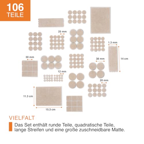 Hynec Premium Möbelschoner Filzgleiter Selbstklebend, Filzgleiter für Stühle, Bodenschoner für Stühle - 106 Teile, 7 GRÖSSEN, BEIGE, bodenschutz Stuhl