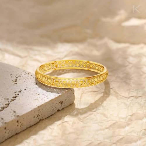 Image of KISNA 9KT Floriance Heart Filigree Gold Bangle For Women | BIS Hallmarked Yellow Gold Bangle | Lightweight Daily Wear Gold Jewellery | Gift for Wife, Mother & Sister | S 2.4 Anna