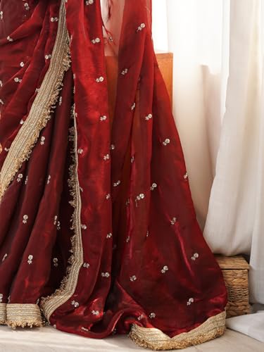 Image of AKHILAM Women's Shimmer Off White Georgette Sequence Embroidery Saree With Unstitched Blouse Piece
