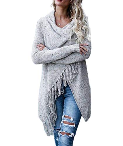 Image of Sexyshine Women's Casual Fall Knit Long Sleeve Tassels Irregular Loose Cardigan Pullover Striped Sweater Poncho