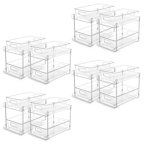 Image of Vtopmart 8 Pack Bathroom Organizer, 2 Tier Clear Under Sink Organizers Vanity Countertop Storage Container,Cabinet Drawers Bins, Pull-Out Organization with Track for Pantry, Kitchen