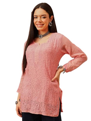 Image of Ada Women's Cotton Blend Regular Fit Tunic Hand Embroidered Lucknowi Chikankari Kota Western Top Kurti With Slip A911184