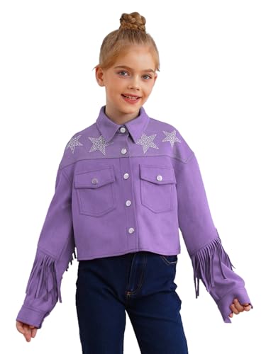 JanJean Kids Girls Faux Suede Tassels Jacket Turn-Down Collar Long Sleeve Fringe Coat Outerwear Cosplay Birthday Party