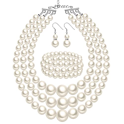 Haysandy 1920s Pearl Necklace for Women Costume Jewelry Set Faux Pearl Necklace Bracelet Earring for Party Wedding Gift