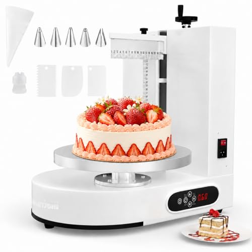 WantJoin Cake Decorating Machine - Automatic Cake Icing Frosting Machine 4-12 Inch Electric Cake Straightening Turntable with Graduated Scrapers 60-320 RPM Cream Spreading Tool White