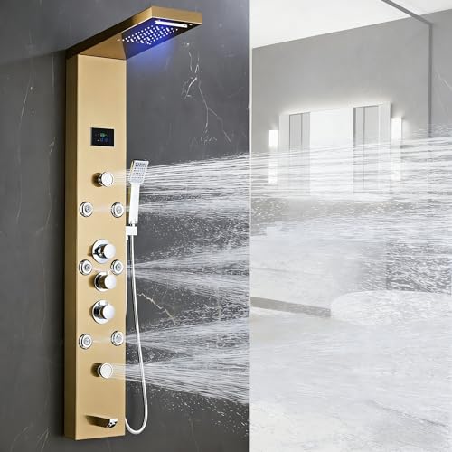Image of LED 5-in-1 Shower Panel Tower System,Brushed Gold