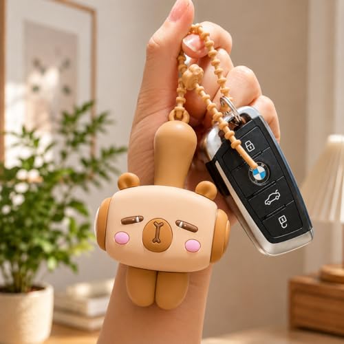 Image of HOUSELY Cute Cartoon Bunny Squeaky Squeeze Toy - Soft Silicone Kawaii Hammer with Sound | Stress Relief Fidget Toy with Beaded Strap, Portable Bag Charm for Kids & Adults, Return Gift - Beige