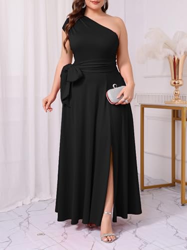 Ekaliy Women\'s One Shoulder Belted Maxi Dress Long Formal Wedding Guest Dress with Pockets Black XXL - Thumbnail 6