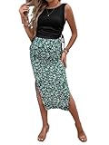 Milumia Women's Maternity Outfits 2 Piece Eyelet Ruched Tank Top and Floral Double Slit Midi Skirt Sets Black and Green Small
