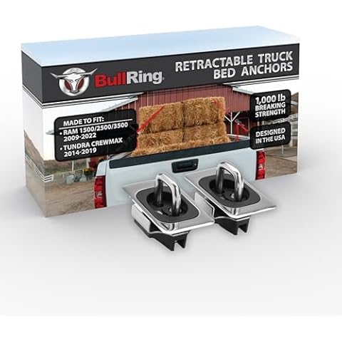 Bull Ring Flush Fit Retractable Truck Bed Tie Down Anchors for 2009+ Dodge RAM 1500, 2500 - (Rear Only) Dually RAM 3500 (Front & Rear) & 2014-19' Toyota Tacoma Crew Max, Modification Required (2 Pack) Cover