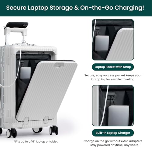 Nobl Travel Carry On Luggage, Noble Zipperless Aluminum Frame PC Hard Shell Suitcase, 20.8"x15"x8.7" Airline Approved, 360° Spinner Wheels, TSA Locks, USB Charging Port, Cup & Phone Holder - White2