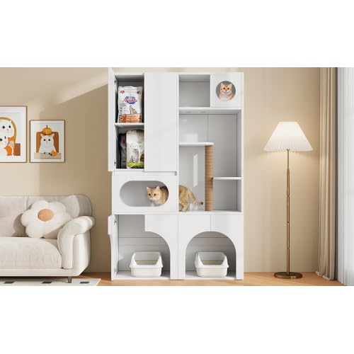 Armario de arena de 195 cm, 2 bandejas con rascador sisal, color blanco