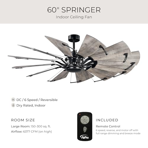 Image of Progress Lighting Springer Collection DC Motor Farmhouse Windmill Ceiling Fan, Matte Black, 12-Blade (60 inch W x 17-3 /8 inch H) P250000-31M