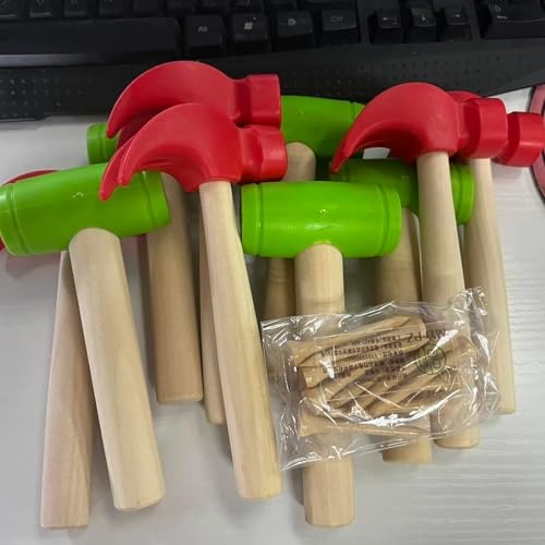 Image of 10Pcs Toy Hammer Set With 100Pcs Small Wooden Simulation Fake Maintenance Tools, Plastic Toddler Claw Hammer, Portable Pretend Play Mallet for Boys Girls