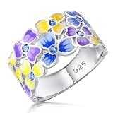 THJEW Colorful Flower Enamel Resin Statement Band Ring,Trendy Dainty Platinum Plated Handmade Colorf