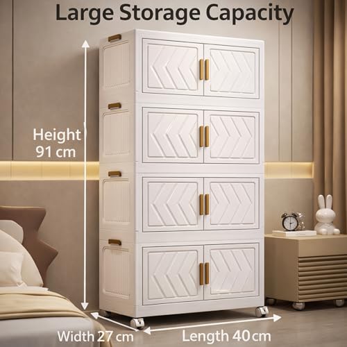 Image of AYSIS ๐ ๐๐๐๐ Plastic Wardrobe for Kids Clothes with Wheels | Multipurpose Collapsible Wardrobe Storage Almirah Wardrobe for Clothes, Kitchen Cupboard | Plastic Cupboard for Kids for Home - Ivory