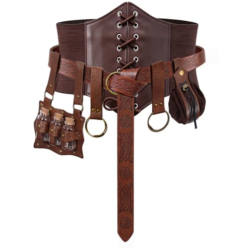 Renaissance Belt Pouch Corset Waistband Magic Potion Bottle Skirt Hike Steampunk Costume Accessory(Brown-B X-Large)
