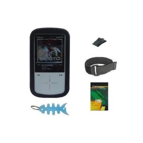 HappyZone - Black Silicone Skin Case + Adjustable Armband + Belt Clip + LCD Screen Protector + Light Blue Fishbone Style Keychain For Sandisk Sansa Fuze+ Plus 4GB 8GB 16GB MP3 Player