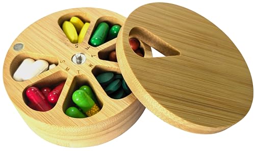 fashciaga Bamboo Wood Daily Weekly Vitamin Medicine Pill Organizer Case Box,Kitchen Salt Spice Cellar Containers,Earring Ring Jewelry Storage Decorative Box (Small)