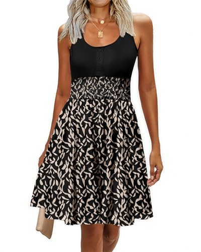 Image of Summer Dresses for Women Casual Sleeveless Sundresses Elastic Waist Mini Sun Dress
