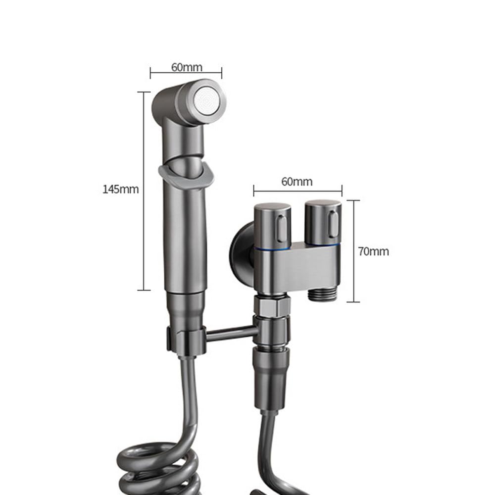 Juego de rociador de bidé para inodoro con válvula angular de aleación de zinc para montaje en pared, limpieza de agua de una entrada y dos salidas para accesorios de baño, juego plateado, como se mu