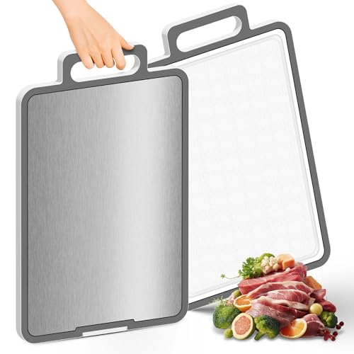 Double Sided Cutting Board, Separate Surfaces for Meat & Veggies, Dishwasher Safe, Double Sided Food Grade, 304 Stainless Steel with Easy Grip Handle, Easy to Clean Large Size