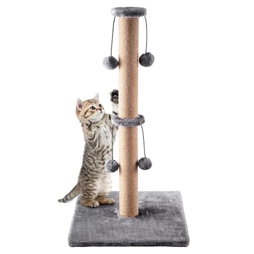 CROWNSHOP Cat Scratching Post 74cm 29" Cats Climbing Frame Foldable Bottom Tall Cats Claw Scratcher with 4 Toy Ball Natural Sisal Scratch Pole and Soft Carpet Covered (74cm 4 balls grey)