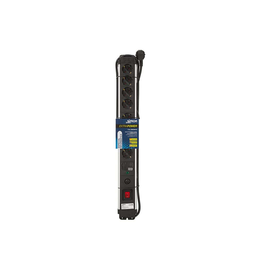 SIMON - Enchufe Múltiple Extrapower, Ladrón de Enchufes con Interruptor, 8 Tomas Schuko 16 A 250V, Protección de Sobretensiones y Cable 1,5M, Color Aluminio