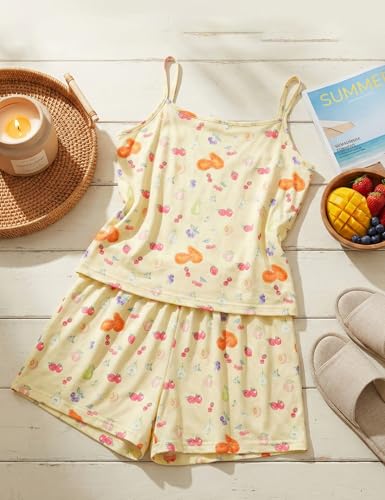 Image of Women's Cami Pajama Sets 2 Piece Soft Tank Top & Shorts Fruit Flower Cute Print Summer Sleepwear