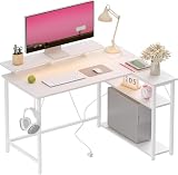 Xyphren Mesa Gaming en Forma de L con Luces LED RGB y Tomas de Corriente, Pequeño Escritorio de Ordenador de 100 x 80 cm con Estantes Regulables, Blanca