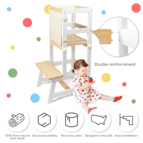 Image of Kitchen Step Stool for Toddlers with Non-Slip Mat, WOOD CITY Wooden Kids Montessori Learning Stool Tower, Toddler Standing Tower Helper for Kitchen Counter and Bathroom Sink(White-Natural-Adjustable)