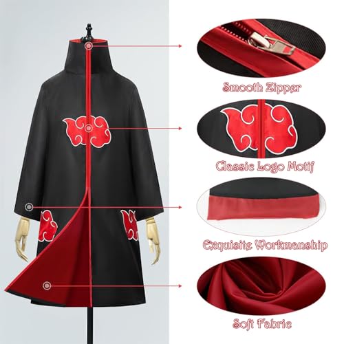 Image of PATPAT Akatsuki Costume Akatsuki Cloak Set of 4Pcs, Anime Cosplay Itachi Costume for Women Men Teenages with Headband, Necklace & Ring for Halloween, Cosplay, Party
