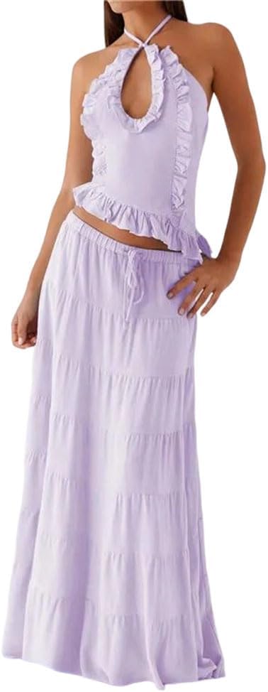 Women's Ruffle Skirt Sets Spaghetti Strap Top Maxi Skirt Set