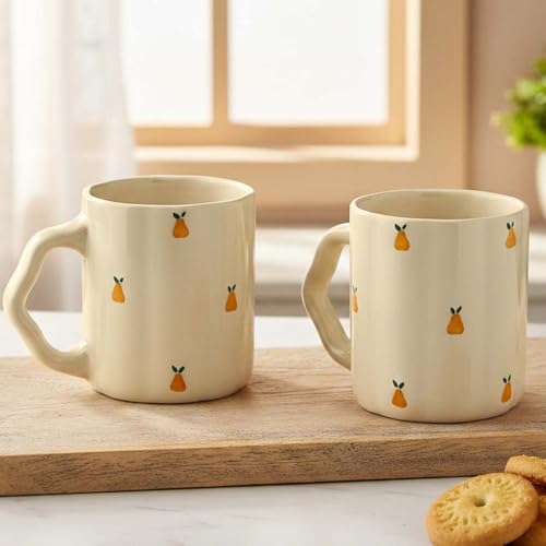 Image of The Earth Store Cream Pear Coffee Mug - 300ML Ceramic Coffee Mugs Set of 2 | Microwave & Dishwasher Safe Mugs for Gift | Home | Office | Restaurant | Daily Use