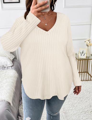 Image of Koscacy Women Plus Size Casual Knit Sweater V Neck Solid Color Tops Lightweight Long Sleeve Blouses