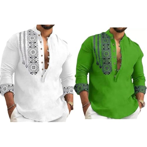 Image of DEELMO Men's Cotton Blend Mandarin Collar Regular Fit Full Sleeve Casual Short Kurta, White, L Men's Cotton Blend Mandarin Collar Self One Design Full Sleeve Casual Short Kurta Green